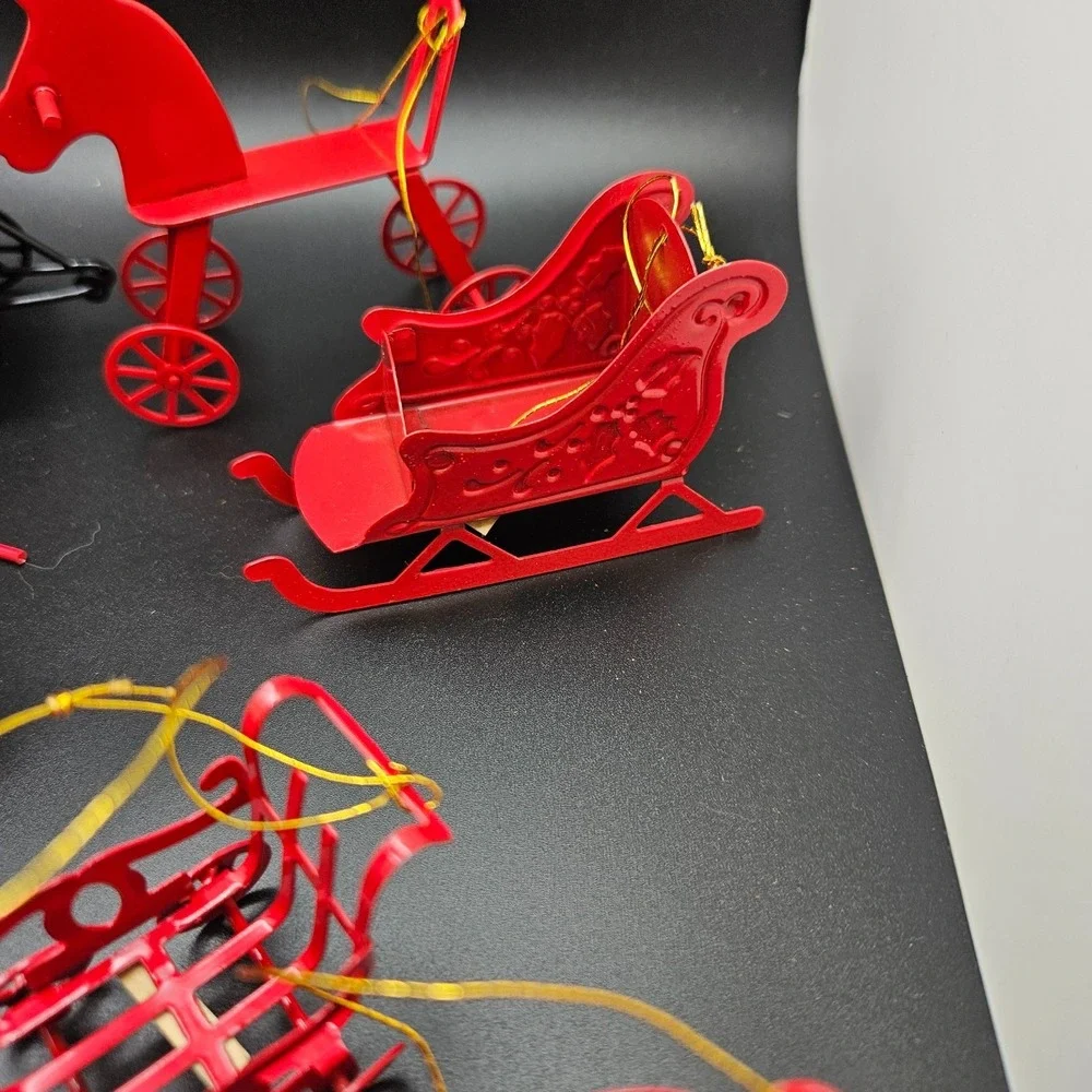 Vintage Red Metal Miniature Vehicles & Sled Christmas Ornaments Lot of 11 Taiwan